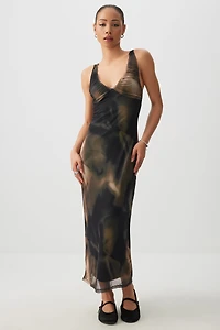 Ardene V-Neck Mesh Midi dress in Brown | Size | Polyester/Spandex