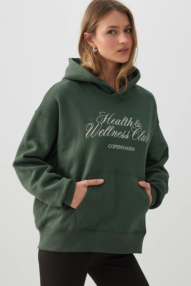 Ardene Graphic Oversized Hoodie in Dark Green | Size | Polyester/Cotton | Fleece-Lined