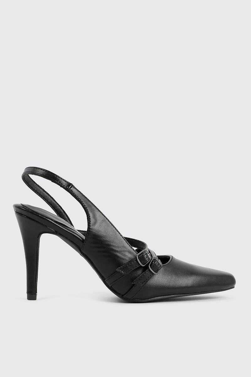 Ardene Double Buckle Slingback Pumps in Black | Size | Faux Leather | Eco-Conscious