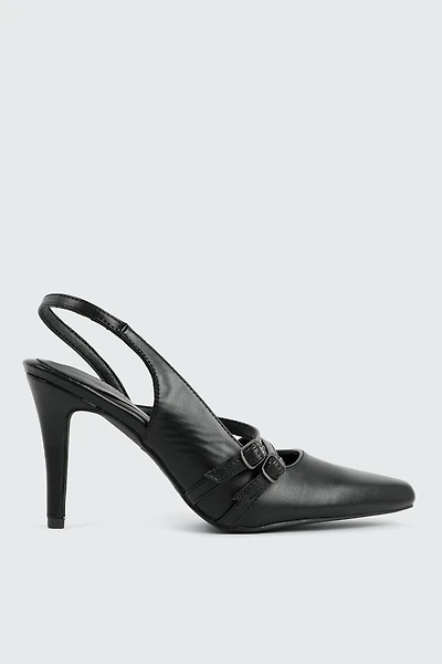Ardene Double Buckle Slingback Pumps in Black | Size | Faux Leather | Eco-Conscious
