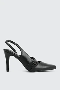 Ardene Double Buckle Slingback Pumps in Black | Size | Faux Leather | Eco-Conscious