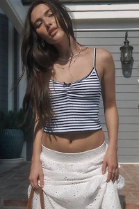 Ardene Striped Pointelle Crop Tank Top in Dark Blue | Size Medium | 100% Cotton