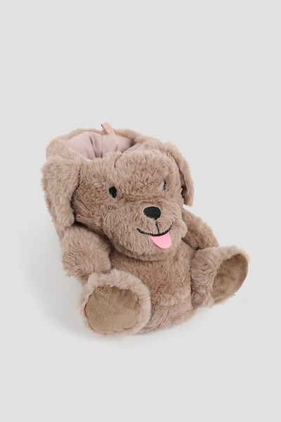 Ardene Plush Dog Slippers in Brown | Size | 100% Recycled Polyester | Eco-Conscious