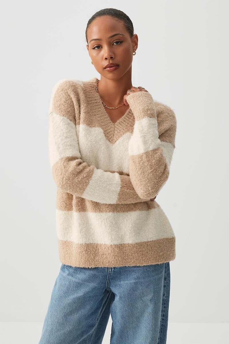 Ardene Boucle Oversized V-Neck Sweater in Beige | Size | Polyester/Elastane