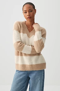 Ardene Boucle Oversized V-Neck Sweater in Beige | Size | Polyester/Elastane