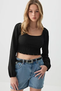 Ardene Smocked Crinkled Long Sleeve Top in Black | Size | Polyester/Elastane