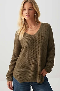 Ardene Shaker Stitch V-Neck Sweater in Khaki | Size | 100% Acrylic