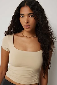 Ardene Contour Ultra Crop Square Neck T-Shirt in Beige | Size XL | Elastane/Polyamide