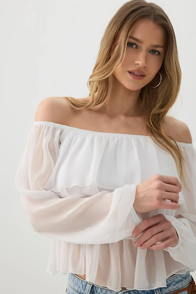 Ardene Off Shoulder Tiered Blouse in White | Size | Polyester