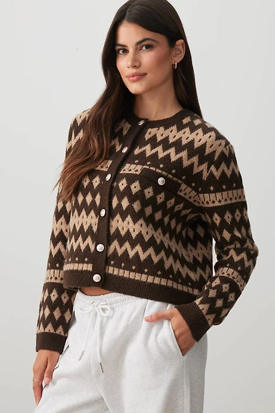 Ardene Jacquard Crop Cardigan with Gold Buttons in Brown | Size | Polyester/Spandex