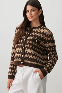 Ardene Jacquard Crop Cardigan with Gold Buttons in Brown | Size | Polyester/Spandex