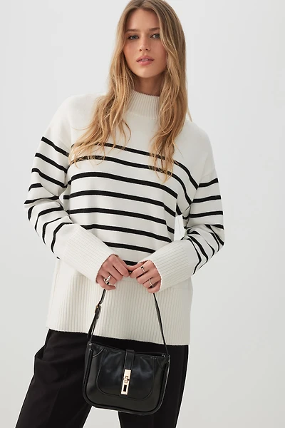 Ardene Turn Lock Shoulder Bag in Black | 100% Recycled Polyester/Faux Leather | Eco-Conscious