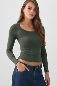 Ardene Crop Scoop Neck Long Sleeve Top in Medium Green | Size | Cotton/Elastane