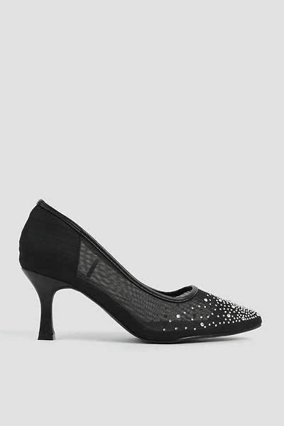 Ardene Embellished Mesh Pumps in Black | Size | Faux Leather