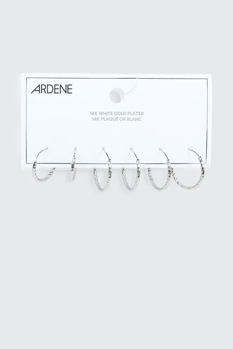 3 paires de d'anneaux plaqués or blanc 14K