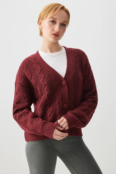 Ardene Cable Knit V-Neck Cardigan in Burgundy | Size | Polyester | Eco-Conscious