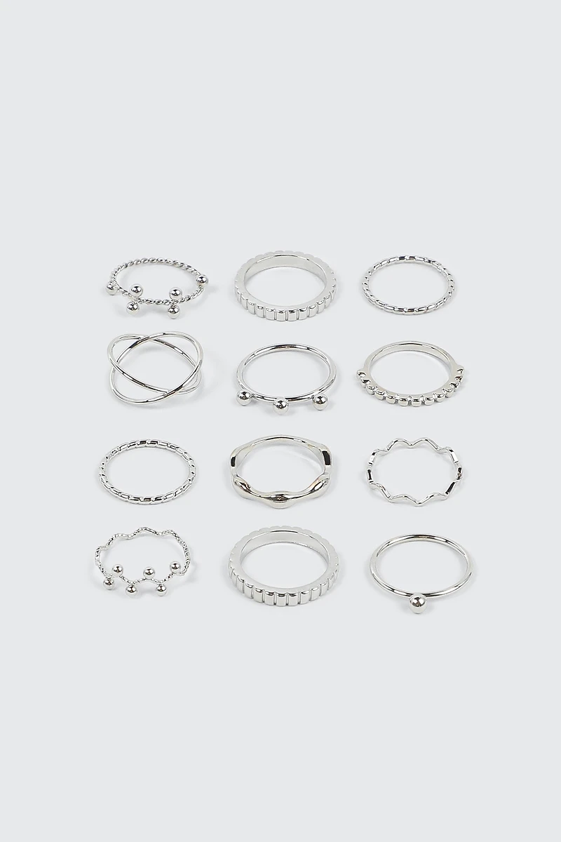 Ardene 12-Pack Wave & Sphere Rings in Silver | Size