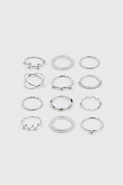 Ardene 12-Pack Wave & Sphere Rings in Silver | Size