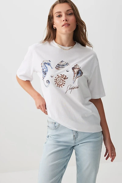 Ardene Seashell Print Oversized T-Shirt in White | Size | Cotton/Elastane