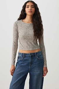 Ardene Ultra Crop Graphic Long Sleeve T-Shirt in Beige | Size | Polyester/Elastane | Eco-Conscious