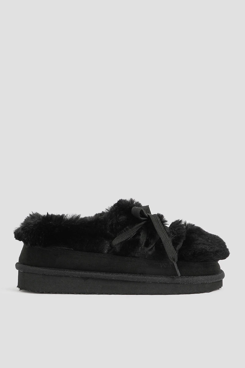 Ardene Lace Up Faux Fur Slippers in Black | Size 7.5 | Polyester/Faux Suede | Eco-Conscious
