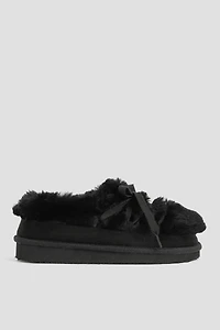 Ardene Lace Up Faux Fur Slippers in Black | Size 7.5 | Polyester/Faux Suede | Eco-Conscious