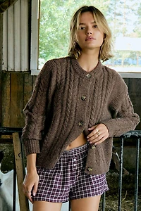 Ardene Chunky Cable Knit Cardigan in Brown | Size | Polyester/Nylon