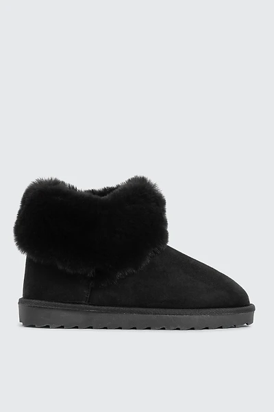 Ardene Faux Sheepskin Ankle Boots with Fur Trim in Black | Size | Faux Suede | Eco-Conscious