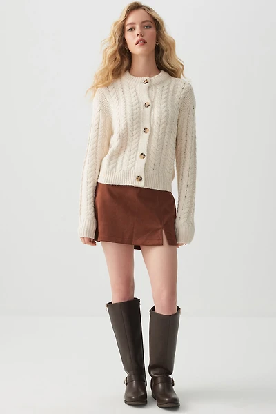 Ardene Chunky Cable Knit Cardigan in Beige | Size Large | Polyester/Nylon
