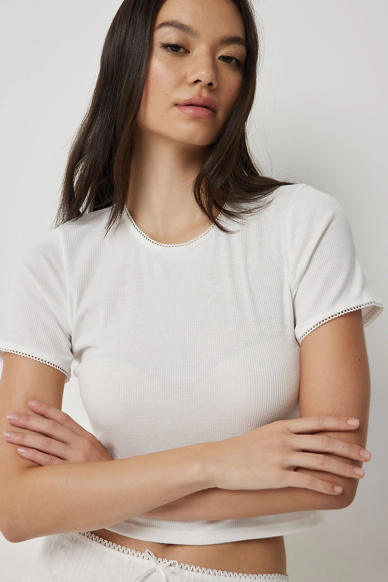 Ardene Crop Picot Trim T-Shirt in White | Size | Polyester/Spandex