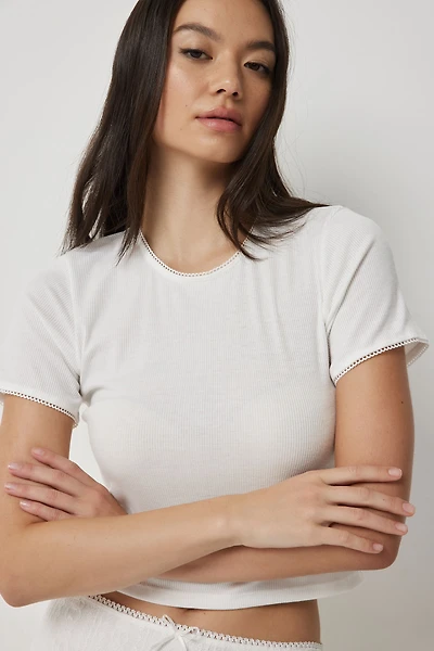 Ardene Crop Picot Trim T-Shirt in White | Size | Polyester/Spandex