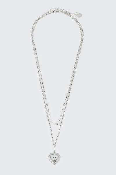 Ardene 2-Row Necklace with Heart Cross Pendant in Silver
