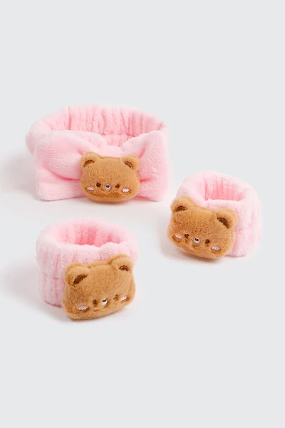 Ardene Teddy Bear Spa Headband & Wristband Set in Light Pink | Polyester