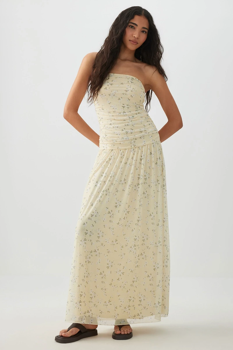 Ardene Dropped Waist Mesh Tube Dress in Light Yellow | Size | Polyester/Elastane/Viscose