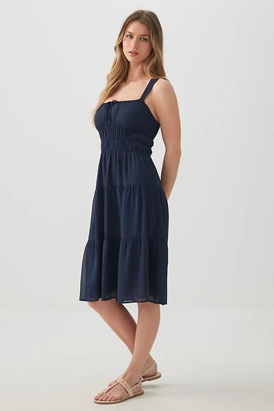 Ardene Chiffon Midi Tiered Dress in Dark Blue | Size | Polyester