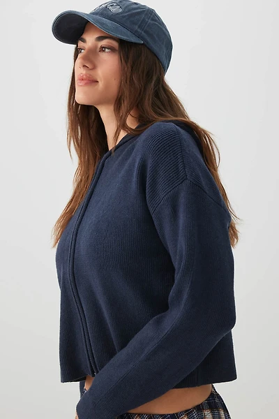 Ardene Crop Zip Up Hooded Sweater in Dark Blue | Size | Polyester