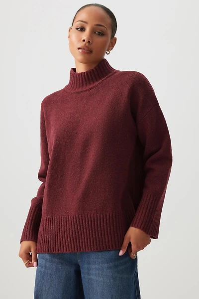 Ardene Long Mock Neck Sweater in Burgundy | Size Small | Polyester/Elastane