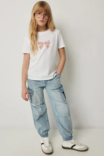 Ardene Kids Denim Parachute Pants in Light Blue | Size Large | Polyester/Rayon/Cotton