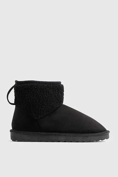 Ardene Faux Sheepskin Ankle Boots with Accent Trim in Black | Size | Faux Suede | Eco-Conscious