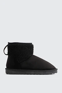 Ardene Faux Sheepskin Ankle Boots with Accent Trim in Black | Size | Faux Suede | Eco-Conscious