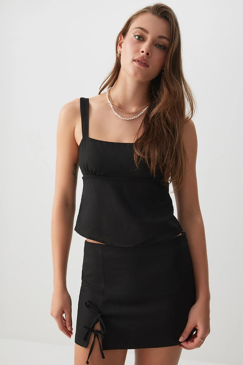 Ardene Linen Blend Micro Skirt with Bows in Black | Size XL | Cotton/Viscose