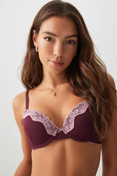 Ardene Luxe Lace Trim Push Up Bra in Burgundy | Size 36B | Nylon/Elastane