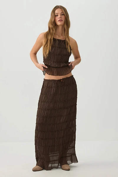 Jupe maxi étagée en mousseline froissée