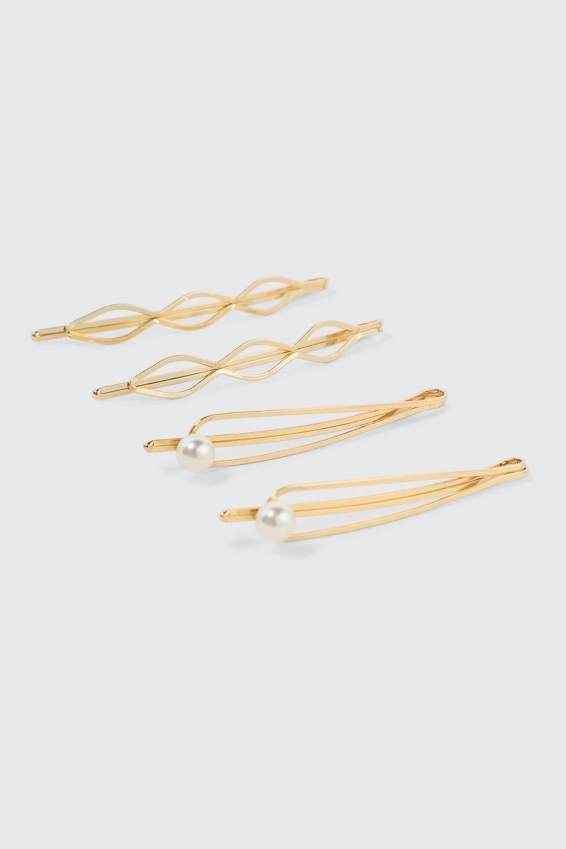 Ardene 4-Pack Pearl-Embellished Cutout Hair Pins in Gold