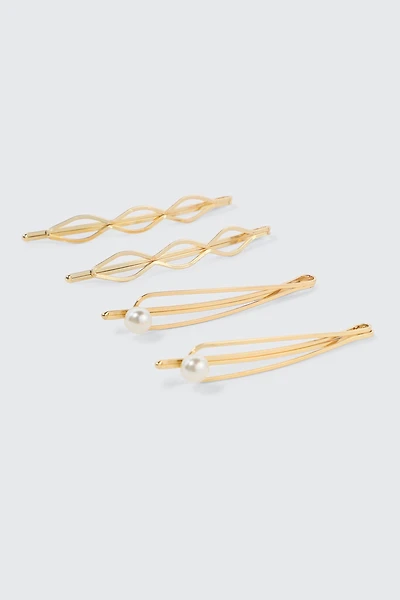 Ardene 4-Pack Pearl-Embellished Cutout Hair Pins in Gold