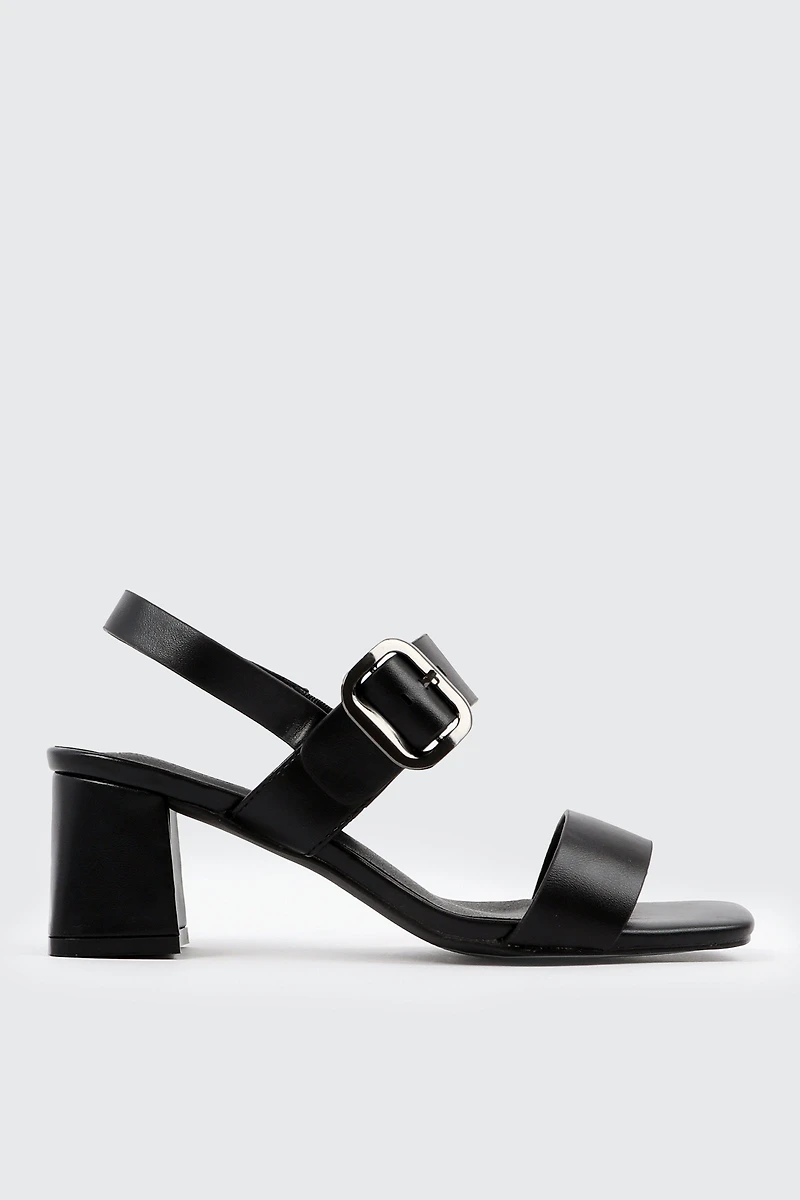 Ardene Block Heel Sandals with Buckle Strap in Black | Size | Faux Leather