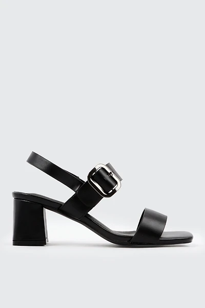 Ardene Block Heel Sandals with Buckle Strap in Black | Size | Faux Leather