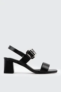 Ardene Block Heel Sandals with Buckle Strap in Black | Size | Faux Leather