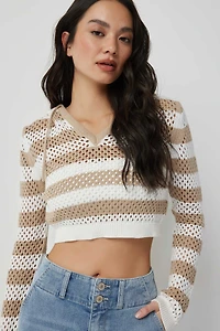 Ardene Striped Crochet Hooded Sweater in Beige | Size | Nylon