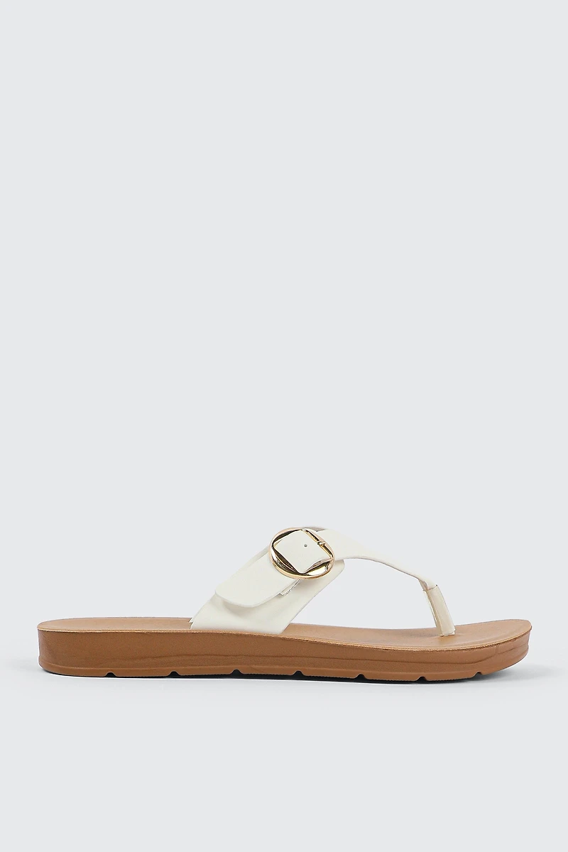 Ardene Flat Sandals with Chunky Buckle in White | Size | Faux Leather | Eco-Conscious